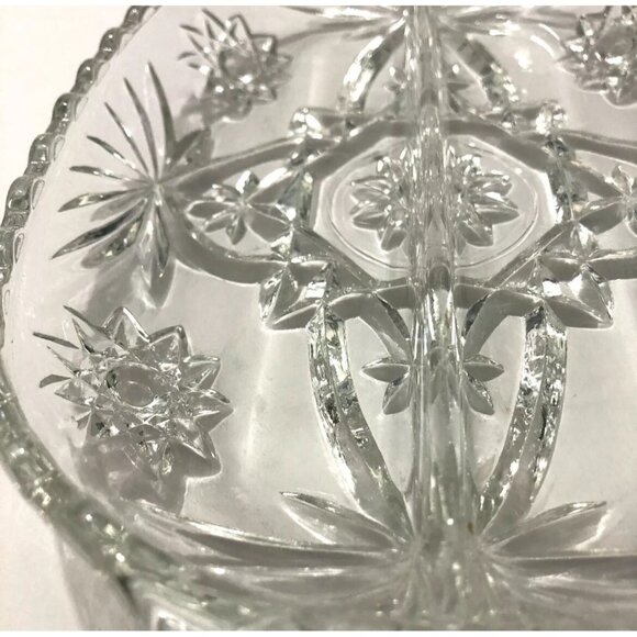 Set of 2 Identical Depression Cut Glass Divided Relish Trays Clear Oval Star - Picture 9 of 14